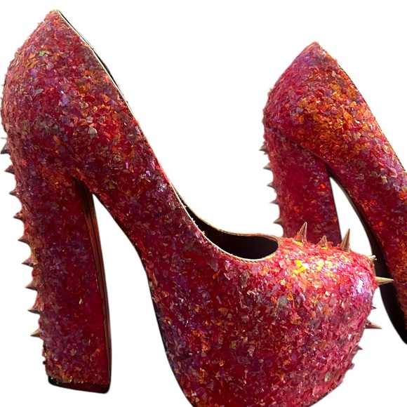 Pink Spiked Confetti Wedged Heels - Picture 2 of 11